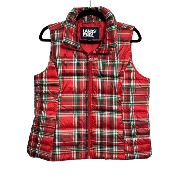 Lands' End Jackets & Blazers - Lands' End Women's Plaid Print Red Puffer Vest Sleeveless Jacket sz M/P 10-12